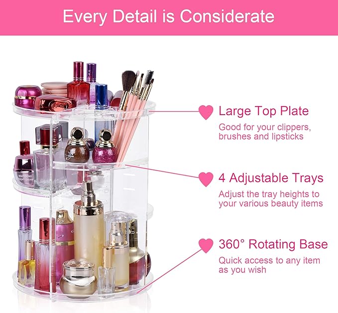 Easyhouse 360 Rotating Makeup Organizer, DIY 8 Adjustable Layers Spinning Skincare Organizer, Cosmetic Holder Shelf, Make Up Organizers and Storage for Vanity Bathroom Countertop (Clear-A)