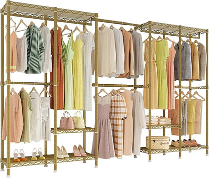 H5 Pro Heavy Duty Clothes Rack Wardrobe Closet for Hanging Clothes, Freestanding Garment Rack with Expandable Hanger Rods, Closet Organizer and Storage, (97.7-115.4")L x 15.7"W x 75.4"H, Gold