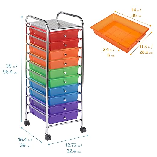 ECR4Kids 10-Drawer Everyday Mobile Organizer, Storage Cart, Assorted