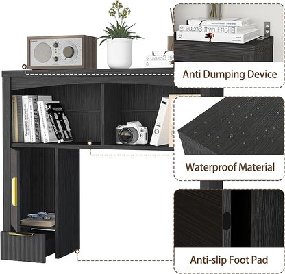 Desktop Shelf, Wooden Desk Hutch with Storage, Desktop Bookshelf with Cabinet and Drawer, Office Desk Organizer, Space-Saving Organization, Over Desk Storage Shelves for Home, Dorm, Black