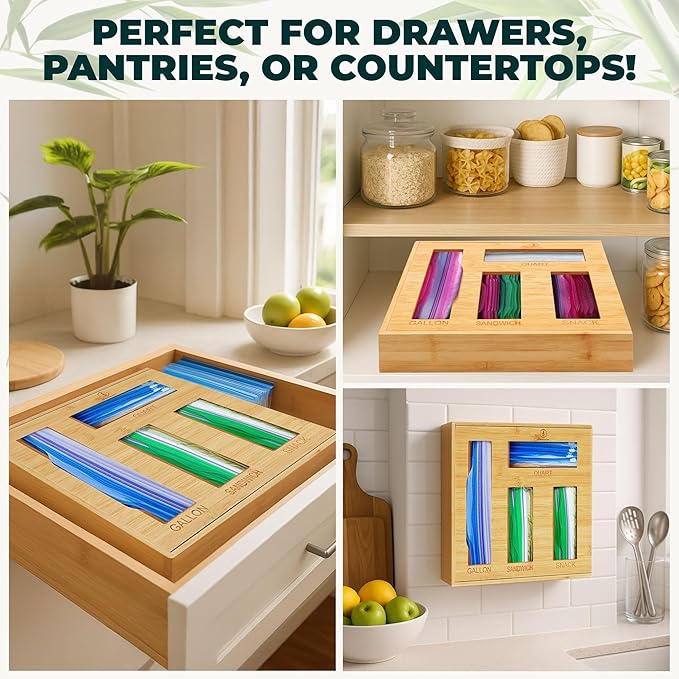Bamboo Storage Bag Organizer for Kitchen Drawer – Foil & Plastic Bag Organizer for Drawer – Ideal for Foil and Plastic Wrap | Gallon, Quart, Sandwich, Snack Bags, Baggie Holder