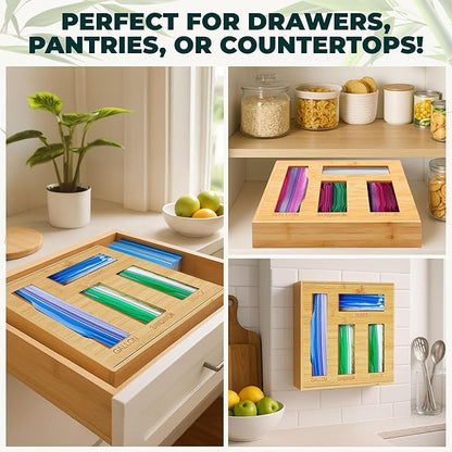 Bamboo Storage Bag Organizer for Kitchen Drawer – Foil & Plastic Bag Organizer for Drawer – Ideal for Foil and Plastic Wrap | Gallon, Quart, Sandwich, Snack Bags, Baggie Holder