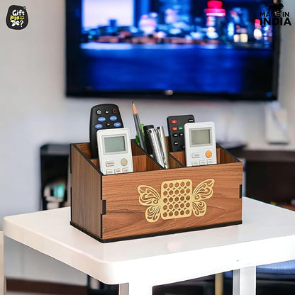GKD wooden Remote Stand with 5 Sections | Remote Holder for Living Room, TV, and AC | Stationary Organizer | 5 in 1 | Ideal for Home and Office (Brown Butterfly)