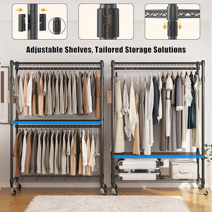 BATHWA Heavy Duty Garment Racks,35.5" D x 16.5" W x 80.7" H, Rolling Clothes Rack with Shelves Wheels 2 Rods for Shirt Clothing Hanging Tall Wardrobe Closet Multifuctional for Bedroom Laundry balcony