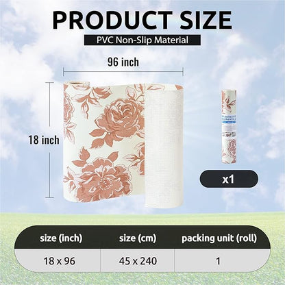 FIFTY FEET 18X96 Inch Shelf Liner for Kitchen Cabinets, PVC Drawer Liner for Dresser Non-Slip Bathroom, Non-Adhesive Cabinet Liner Washable (Red Flower)(1 Roll)