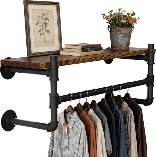 WEBI Wall Mounted Clothes Rack with Shelf,27" Industrial Pipe Clothing Rack with Shelf with Hanging Rod,Heavy Duty Iron Garment Rack Bar,Retail Display Clothes Rod for Laundry Room,Closet,Black