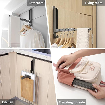 RFOUO Over The Door Hooks Hanger Fit Door up to 1 3/4" Optimal 2pc,Over The Door Hanger with Retractable Rod,Foldable Over The Door Drying Rack for Laundry Bathroom Bedroom (Space Grey, 2 Pack)