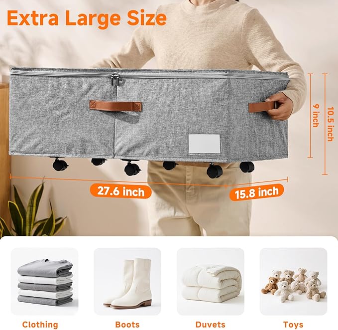 KitHero 60L Large Under Bed Storage with Wheels Pack of 2, Underbed Shoe Container Bin with Clear Lid Cover, 10.5 Inches Rolling Under Bed Drawer Storage Bag Basket for Boots Quilt Sweater - Grey