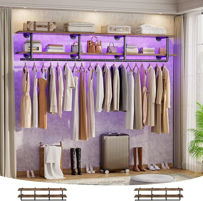 Aheaplus Industrial Pipe Clothes Rack with Top Shelf, 59In Space-Saving Wall Mounted Clothing Rack, 2 Tiers Heavy Duty Pipe Clothing Shelves with Hanging Rod for Laundry Room, Closet, Rustic Brown
