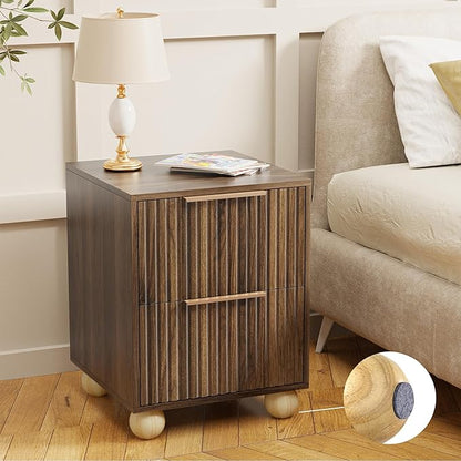 HOCAT Fluted Nightstand, Walnut Finish Bedside Table with Spacious Storage Drawers, Night Stand with Solid Wood Round Legs for Bedroom, End Table, Side Table