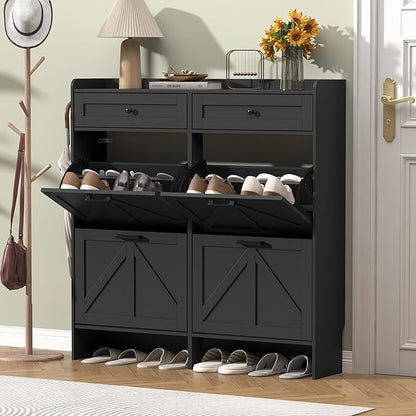Shoe Cabinet with 4 Flip Drawers & 2 Storage Drawers, Rustic Farmhouse Narrow Shoe Organizer Cabinet, Slim Shoe Rack Cabinet, Shoe Storage Cabinet for Entryway, Hallway, Front Door