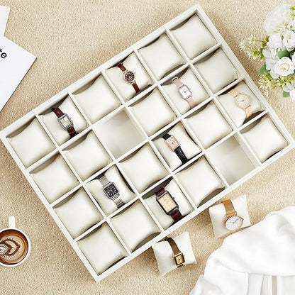 Henoyso 2 Pieces 24 Grid Velvet Watch Tray Jewelry Organizer Stackable Watch Bracelet Bangle Display Holder Adjustable Pillow(Beige)
