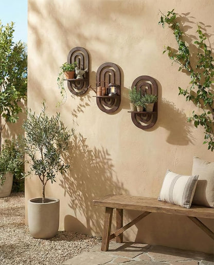 Boho Decor Wall Floating Shelves with Oval Wood Design,Dark Brown Wood Display Rack,Three-Piece Set,Suitable for Both Home and Office
