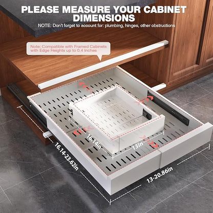 1 Pack Pull Out Cabinet Organizer Expandable Width(13"-21") and Depth(17"-24"), Slide Out Drawers With Raising Pad for Framed Cabinets, No Drill Roll Out Shelves for kitchen, Bathroom, White