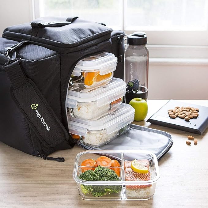 PrepNaturals 3 Pack 34 Oz Glass Meal Prep Containers - Dishwasher Microwave Freezer Oven Safe - Glass Storage Containers with Lids (Multi-Compartment)