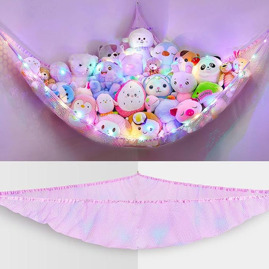 Unicorn Castle Stuffed Animals Net or Hammock Kids Toy Storage Organizer with LED Light Hanging Corner Stuffed Animals Holder Kids Girls Room Decor,Pale-Pink,Large (Pack of 1)