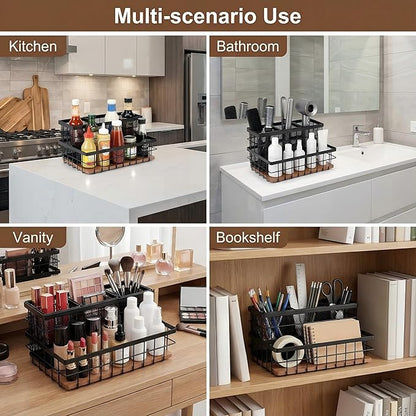 AceOrbit 2 Pcs Hair Tool Organizer Countertop Breathable Metal & Bamboo Hot Tools Organizer Under Sink Bathroom Hair Dryer Holder Countertop Brush Comb Holder,Makeup Tray (Koa Wood,Black)