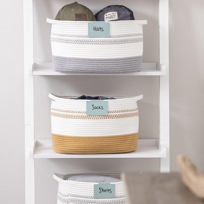Hygge & Sage: Metal Bin Labels for Home Organization | Non-Slip Basket Clips for Storage Bins, Baskets, or Wire Racks | Includes 8 Labels, 8 Non-Slip Pads, and 2 Free Markers (Blue)