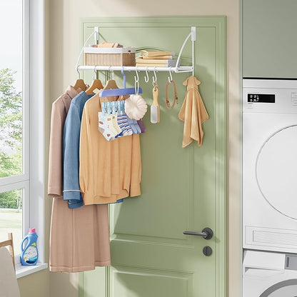 Tajsoon Over Door Clothes Hanger with Storage Rack and 6 Hooks, Extended Over The Door Clothes Rack for Hanging Coat for Bathroom, Bedroom, Living Room, White