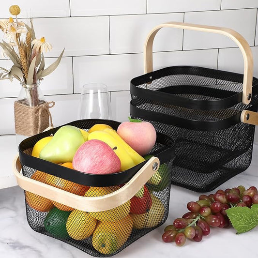 Roshtia 6 Pcs Metal Mesh Steel Basket with Handle, Rustic Square Wire Harvest, Shopping Baskets for Retail Store Garden Bathroom Kitchen(9.65 x 9.65 x 7.09 Inch,Black)