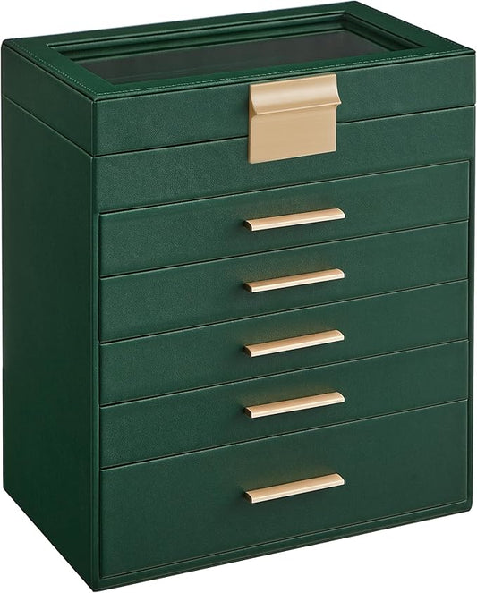 SONGMICS Jewelry Box Organizer with Glass Lid, 6-Layer Jewelry Storage, with 5 Drawers, Modern Style, 6.4 x 9.9 x 11.4 Inches, Forest Green and Gold Color UJBC171C01