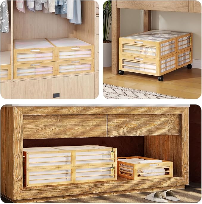 Bamboonova Bamboo Underbed Storage Containers with Wheels & Bag 2 Pack, Large Under Bed Rolling Storage Bins Wood Under Bed Clothes Storage Stackable Drawers for Bedroom Closet Under Crib Toy(Natural)