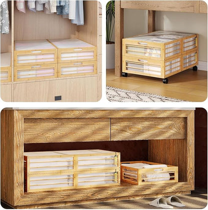 Bamboonova Bamboo Underbed Storage Containers with Wheels & Bag 2 Pack, Large Under Bed Rolling Storage Bins Wood Under Bed Clothes Storage Stackable Drawers for Bedroom Closet Under Crib Toy(Natural)