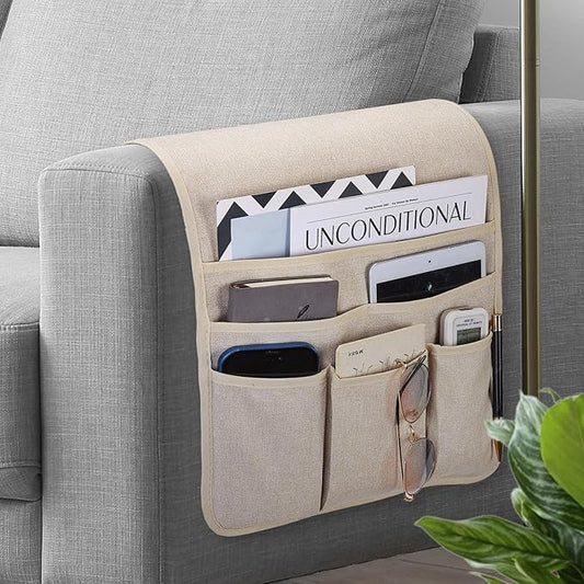 Teniux Remote Control Holder Armchair Caddy for Recliner Couch, Non-Slip Armrest Organizer with 5 Pockets for Magazine, Tablet, Phone, iPad (Beige)