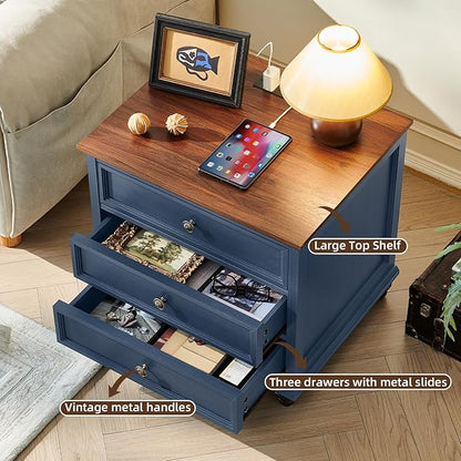 Joaxswe Farmhouse Nightstand with Charging Station, 24" Wide End Table with 3 Drawers,Blue Wood Dresser for Bedroom, Bed Side Table Chest of Drawers Cabinet,Night Stand for Living Room, Closet