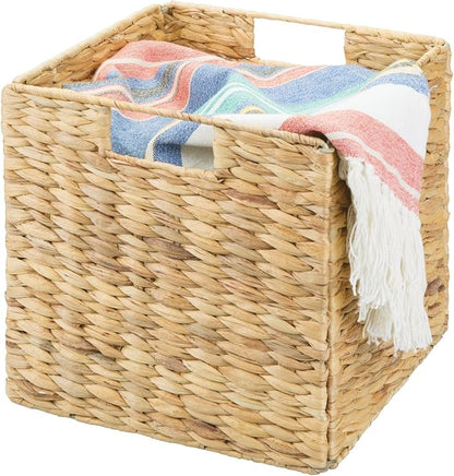mDesign Natural Woven Hyacinth Cube Organizer Basket with Handles, Storage for Bathroom, Laundry Room Shelf or Nursery - Perfect for Cubby Storage Units - Hold Blankets and Books - 6 Pack, Natural/Tan