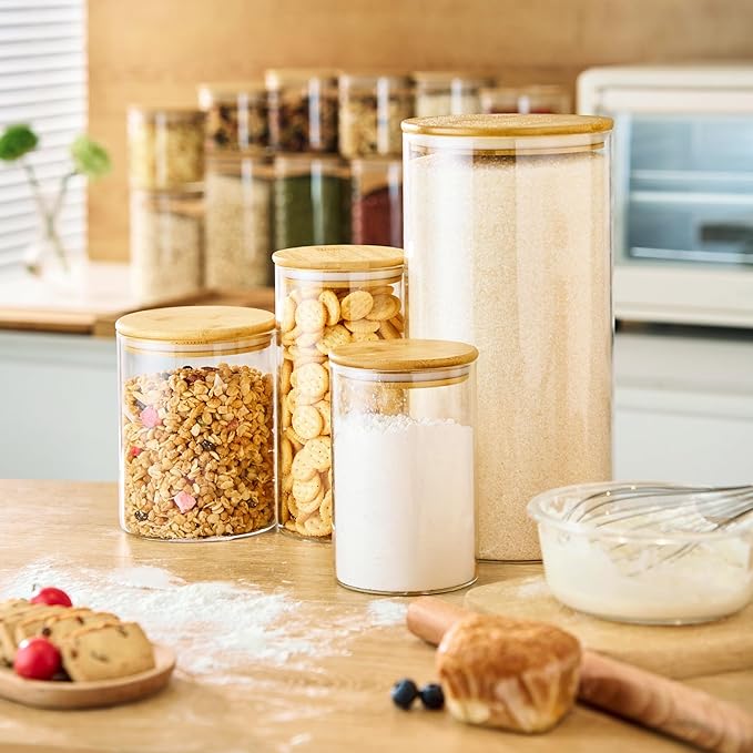 45oz - 3 Pack Glass Jars with Bamboo Lids, Glass Pantry Storage Containers with Airtight Lids, Round Air Tigh Food Storage Canisters for Cereal, Pasta, Flour, Sugar, Rice, Best for Kitchen Organizer