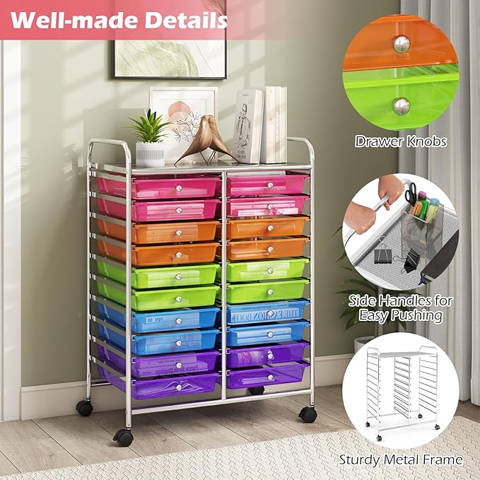 Rolling Cart with 20 Drawers, 20 Tiers Multicolor Trolley, Drawer Bin Carts with 2 Lockable Wheels, Adjustable File & Debris Organizer Cart, Rolling Storage Cart for Office, School, Home