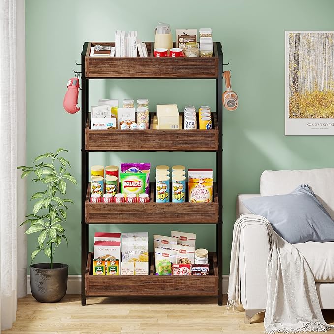 Tribesigns Wood Fruit and Vegetable Basket Stand Rack for Kitchen, Office, Store, Supremarket, Pantry Shelf Unit for Snacks, 4-Tier Wooden Utility Storage Shelves (Brown+Black)