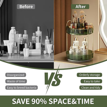 YCIA&DONE Rotating Makeup Organizer for Vanity, Large Capacity Make Up Storage Skin care Shelf Perfume Holders Cosmetic Dresser Organizer Countertop Spinning 360 (Vintage Green, 3Tiers)
