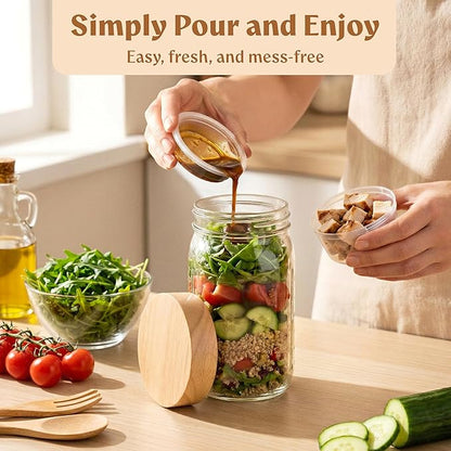 4 Pack Glass Salad Jars Pod with Wooden Lids for Meal Prep, Leakproof Container with Two Small Built in Cups for Wet/Dry Separation for Salad Dressing and Ingredients, 32oz Mason Jars