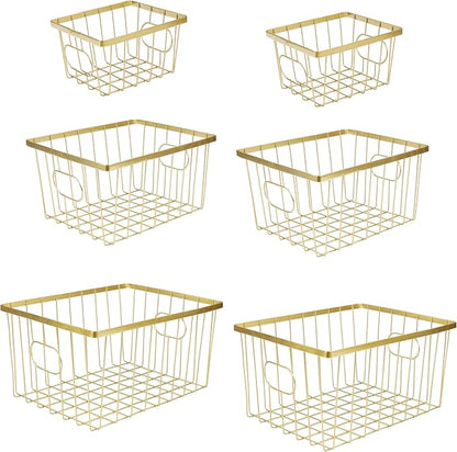 happimess BSK3001D-6SET Camden Vintage Industrial Wire Metal Nesting Storage Baskets for Shelves, Cabinets, Pantry, Countertop, Mesh Open Bin Basket for Organizing Supplies, Gold (Set of 6)