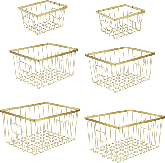 happimess BSK3001D-6SET Camden Vintage Industrial Wire Metal Nesting Storage Baskets for Shelves, Cabinets, Pantry, Countertop, Mesh Open Bin Basket for Organizing Supplies, Gold (Set of 6)