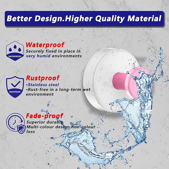 Suction Cup Hooks for Shower,Removable No Drill Towel Hooks,Upgraded 15 lbs Strong Suction hooks for Bathroom Tile,Shower Wall,Glass Door,Kitchen-Loofah,Coat,Stainless Waterproof-White Pink 2 Pcs