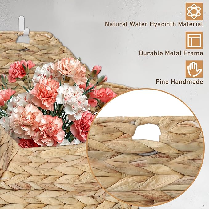 Wall Mounted Storage Baskets, 2PCS Handmade Water Hyacinth Storage Baskets Wall Hanging Organizing Container for Living Room,Bedroom,Kitchen (Large+Small)