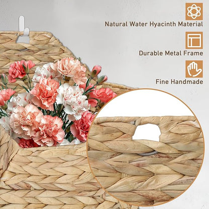 Wall Mounted Storage Baskets, 2PCS Handmade Water Hyacinth Storage Baskets Wall Hanging Organizing Container for Living Room,Bedroom,Kitchen (Large+Small)