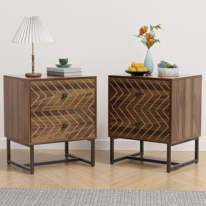 HOCAT Modern Nightstand Set of 2,Morden Night Stand with 2 Drawers,End Tables with Storage,Bedside Tables for Bedroom,Walnut