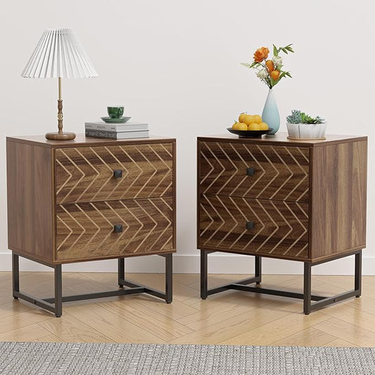 HOCAT Modern Nightstand Set of 2,Morden Night Stand with 2 Drawers,End Tables with Storage,Bedside Tables for Bedroom,Walnut