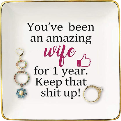 Topthink You’ve Been An Amazing Wife for 1 Year – Ceramic Jewelry Holder Ring Dish Trinket Box Tray - Funny Gifts for Wife Wifey Soulmate Women