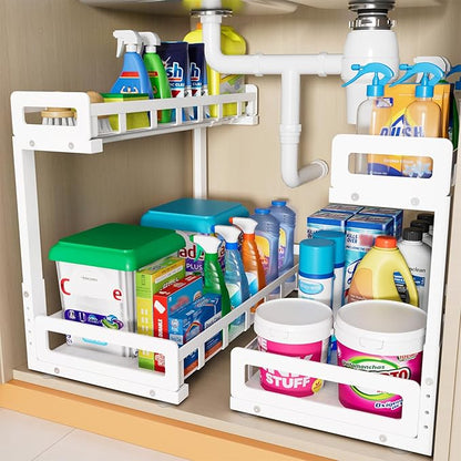 Under Sink Organizer 2 Pack, Metal Large Capacity 2-Tier Sliding Cabinet Storage Rack, Heavy-Duty Rust-Resistant Steel Frame, Holds 50 lbs Each, Adjustable Height 12–16", 14"D x 11"W for Home, White