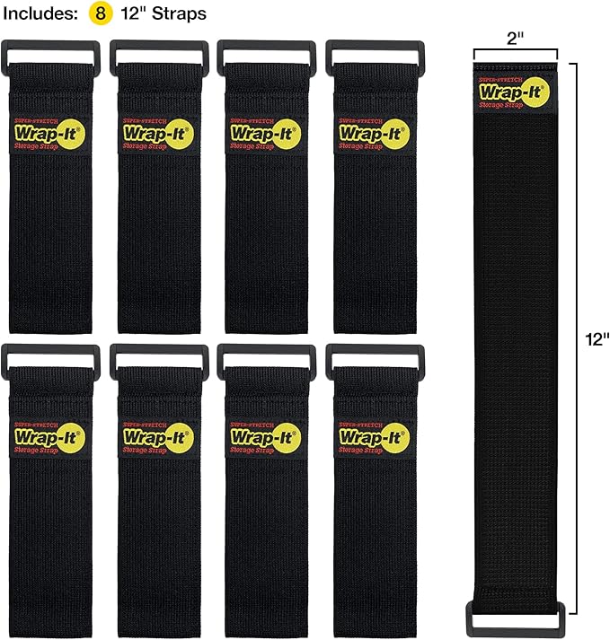 Super-Stretch Wrap-It Storage Straps - 12" (8 Pack) - Elastic Hook and Loop Cinch Straps