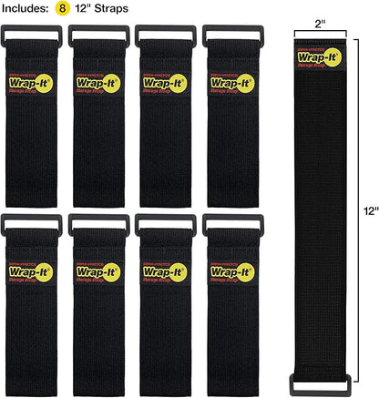 Super-Stretch Wrap-It Storage Straps - 12" (8 Pack) - Elastic Hook and Loop Cinch Straps