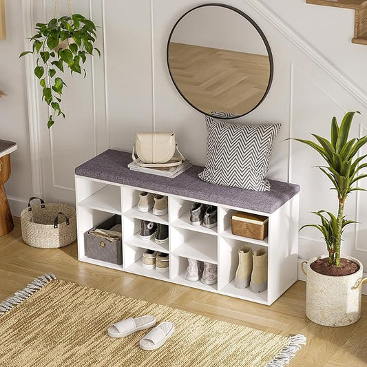 DINZI LVJ Shoe Storage Bench with Cushion, Cubby Shoe Rack with 12 Cubbies, Adjustable Shelves, Multifunctional Shoe Organizer Bench for Entryway, Mudroom, Hallway, Closet and Garage, White