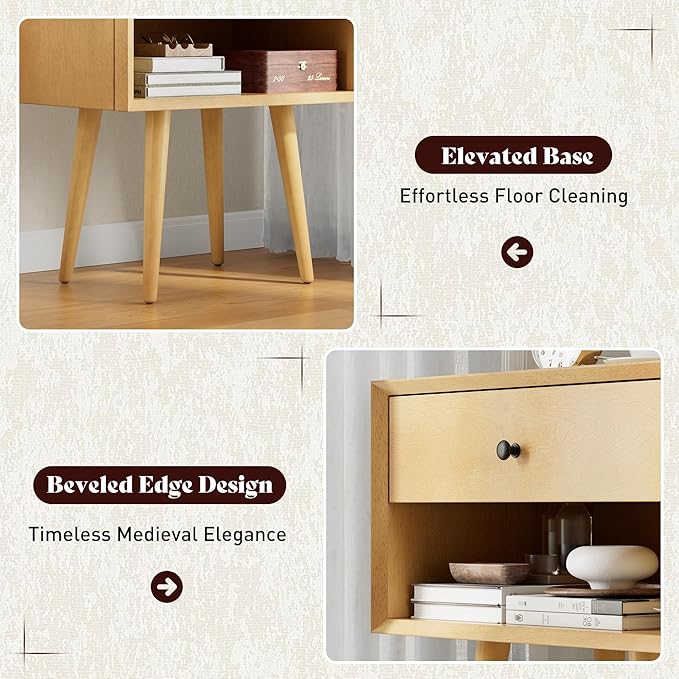 AMERLIFE Solid Wood Nightstand Set of 2, Fully Assembled End Table with Storage Drawer & Open Cubby, Mid-Century Modern Side Table for Bedroom, Natural