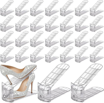 Clear Shoe Slots Organizer with Adjustable Height, Acrylic Closet Stacker Display, Storage Shoe Rack Organizer, Double Layer Holders for Shelf Wardrobe Space Saving(Clear,30 Pack)