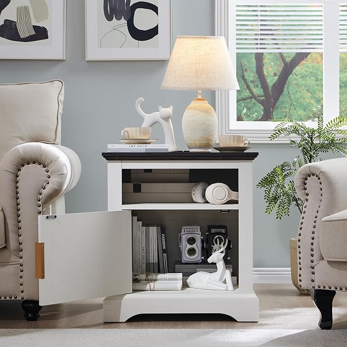 wow97e 22" Large Fluted Nightstand with Charging Station, Modern End Table, Wood Side Table w/Open Shelf & Spacious Tabletop, Bedside Table with Storage Space for Bedroom, Living Room-White
